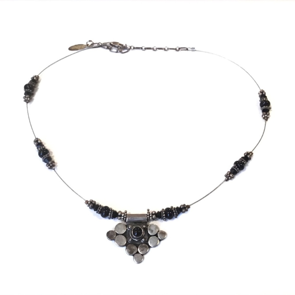 Sterling Silver Black Stone Cabochon Center Pendant Beaded Stations Necklace